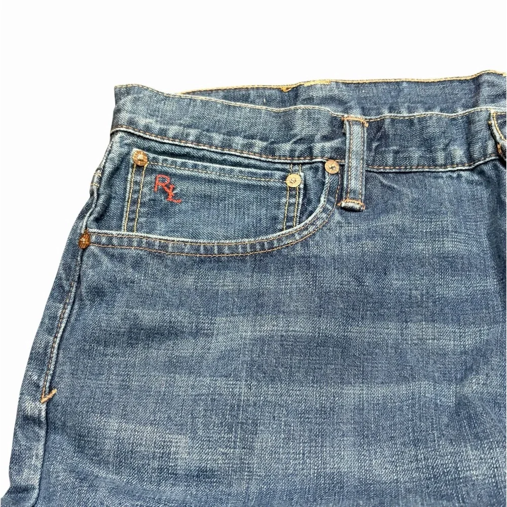 Polo Ralph Lauren Vintage 67 Jeans 40x32 Blue Straight Leg RL Logo Distressed